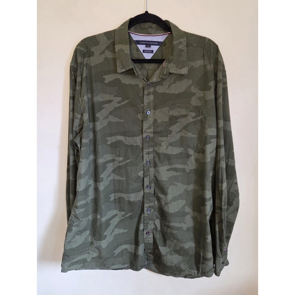 Tommy Hilfiger Men's Custom Fit Green Camo Long Sleeve Button Down Classic 2XL